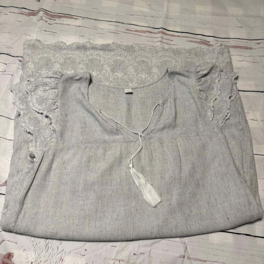 Old Navy Blue White Pinstripe Lace Trim Linen Blend Tassel Shift Dress XL